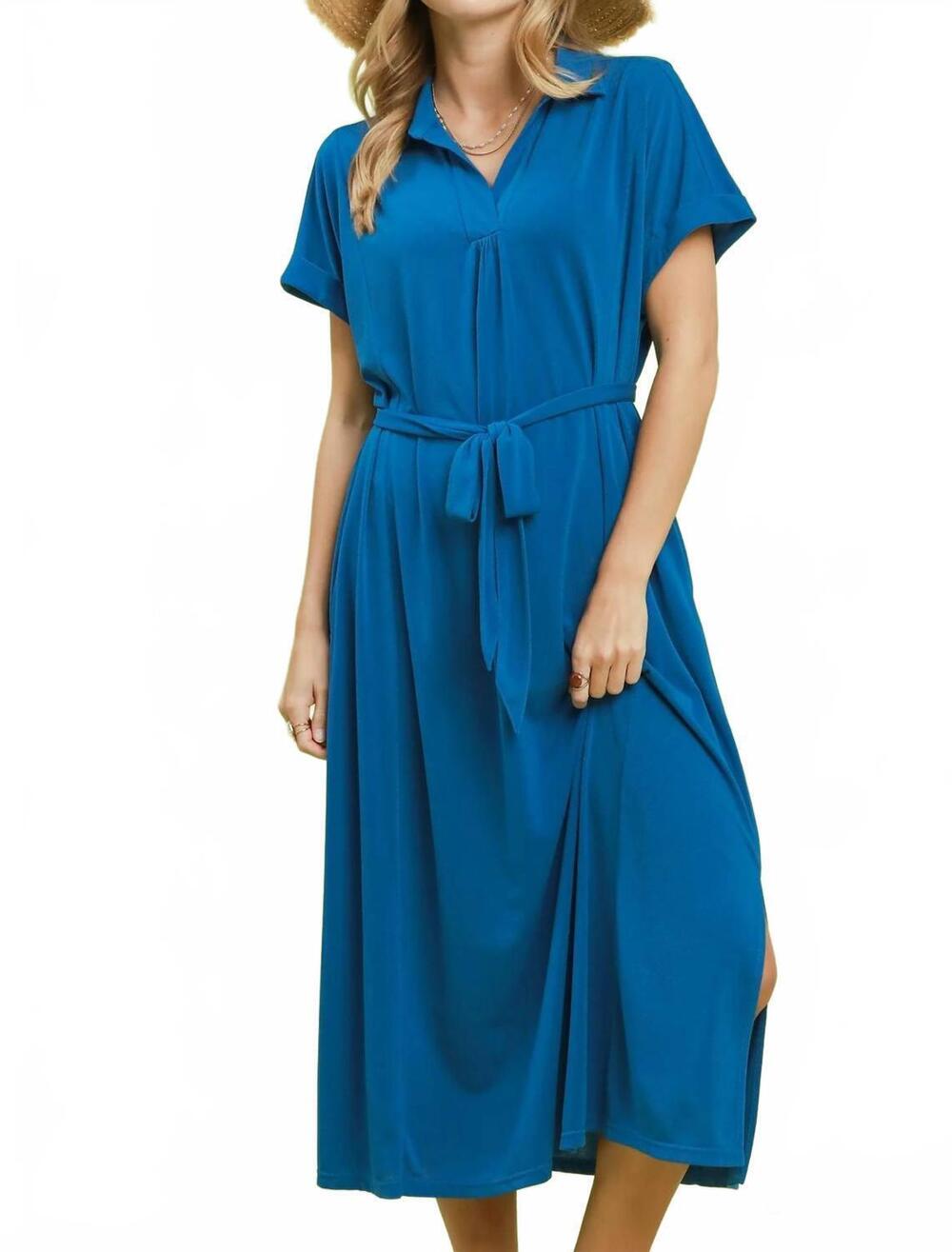 NEW UMGEE collared v-neck belted midi dress in cerulean